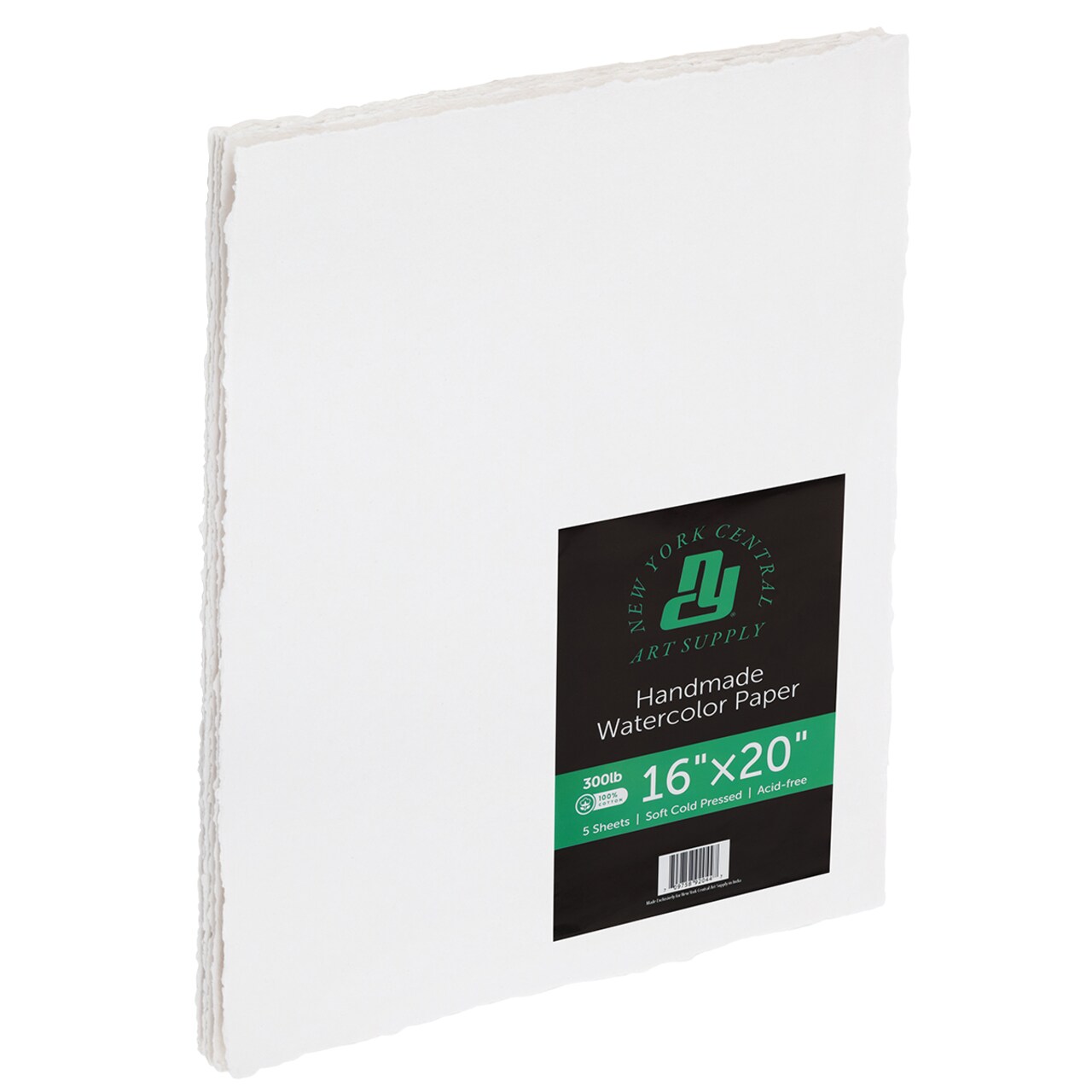 New York Central Handmade Watercolor Paper - 300lb, 16"X20" - 1 Pack of 5 Sheets, Acid-Free 100% Cotton Rag, Cold Press, 4 Deckled Edges, Minimally Sized, Mixed Media Paper for Charcoal & Pastels